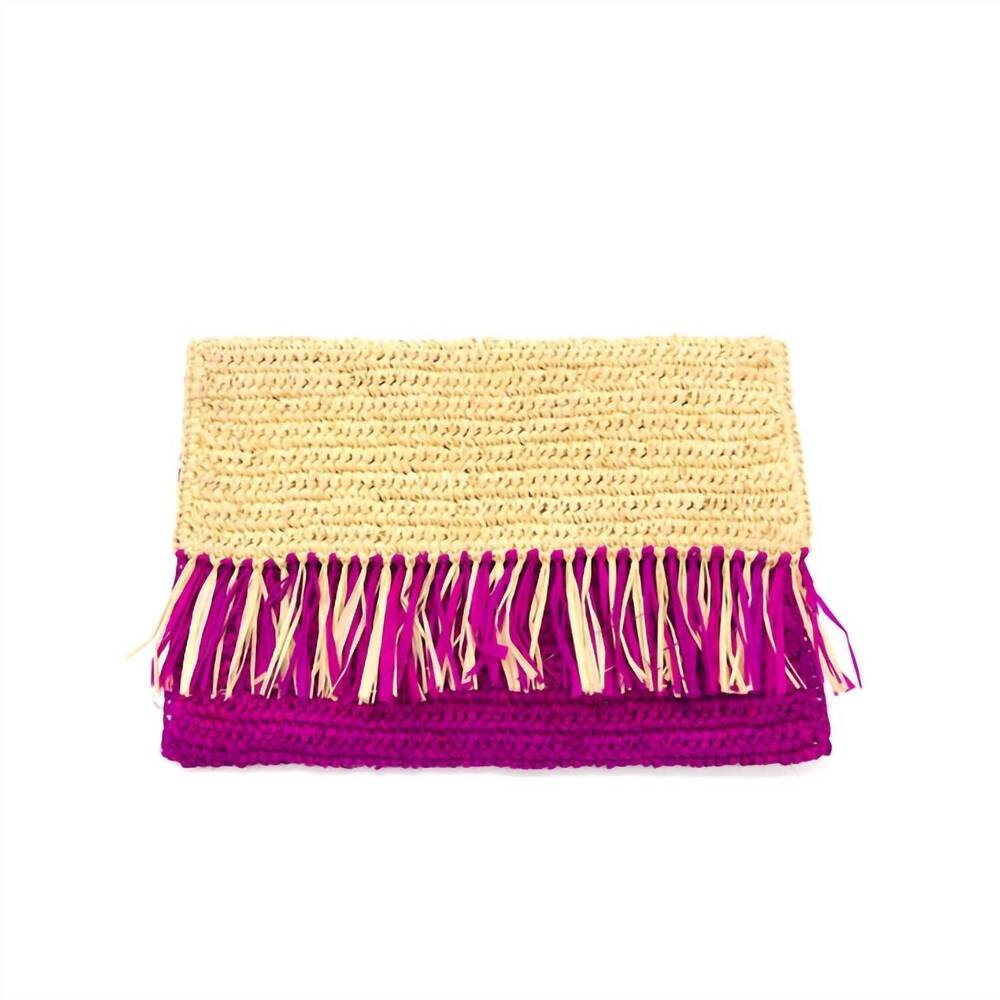 NEW SHEBOBO women's coco fringe crochet straw clutch in fuschia